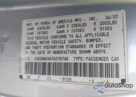 2007 Honda Accord 3.0 Se from USA, damaged, VIN 1HGCM66467A076746